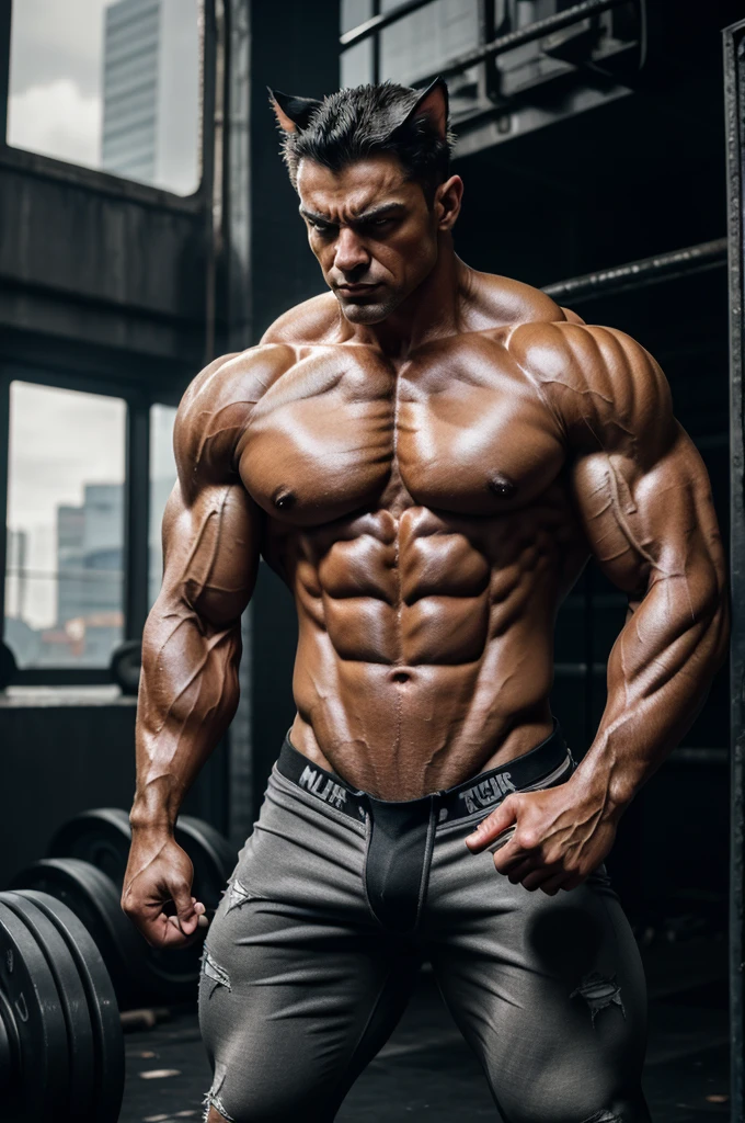 a muscular bodybuilding cat, detailed cat face, bulging muscles, veins,shredded physique,feline abs,fierce expression,intense gaze,metallic gray fur,ripped body,powerful stance,dramatic lighting,cinematic angles,gritty industrial background,urban setting,moody atmosphere,hyper-realistic,award winning photography,8k,photorealistic