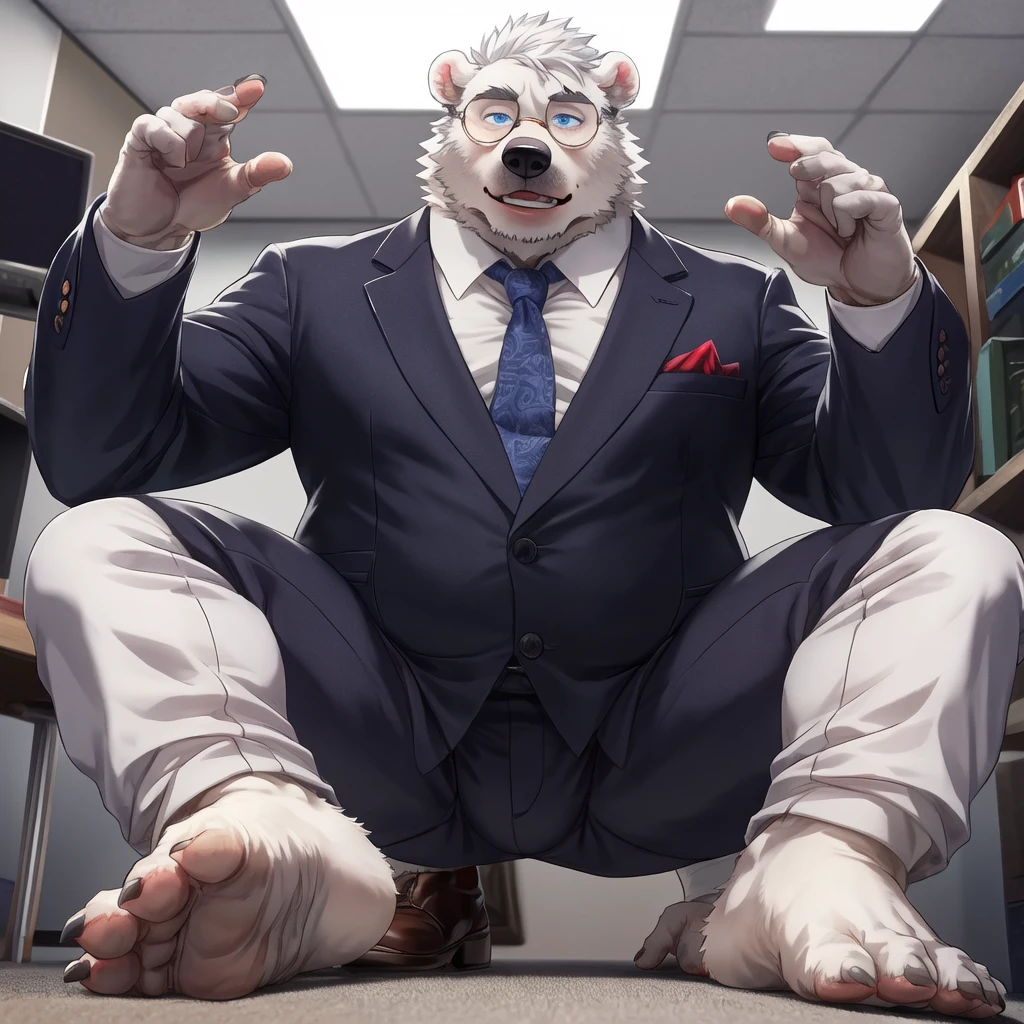 chubby polar bear  male dad office suit  opening chest white shirt slighly  well built , blue eyes glasses, head crest white hair, levitating relaxing  spread legs, detailed white feet five toes  with white  sock, disney profile, full body smug , kemono , high quality , by rossciaco ( view from below )