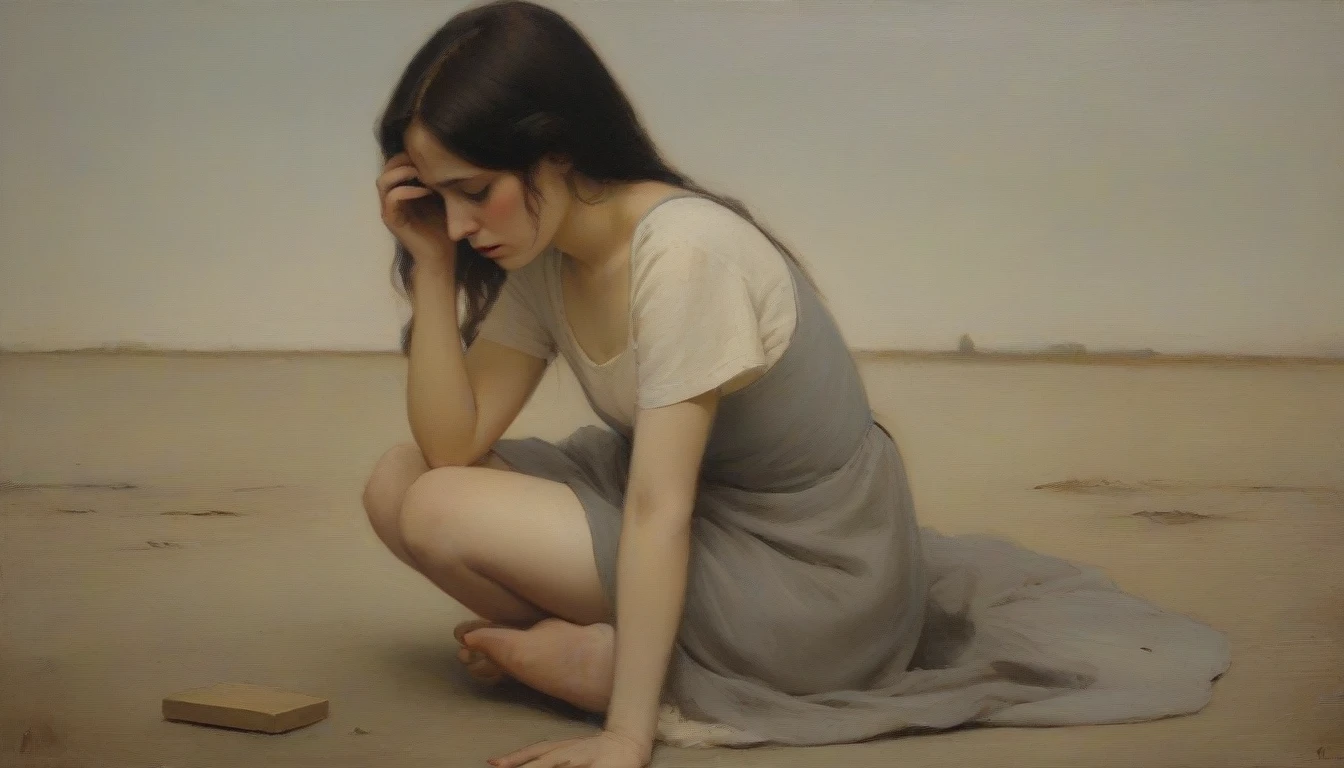 Artistic painting of a woman sitting on her knees, her back bare. Short hair that tends to be purple or something similar adds a touch of uniqueness and beauty. Next to her is another version of the same woman, holding a swat, while in the background another person can be seen fidgeting in pain and stress. This scene combines strength, weakness, and conflicting emotions at the same time.”