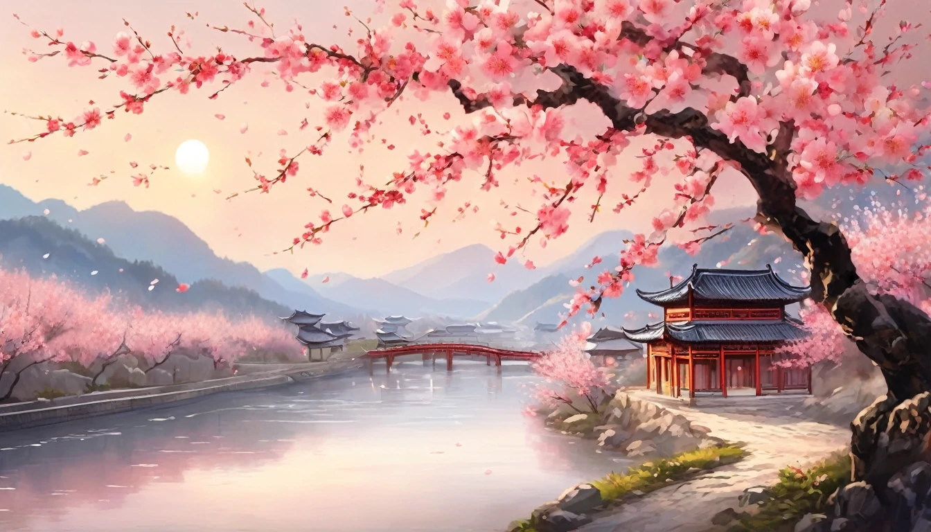 Peach blossom trees rising beside the river, Chinese style, Peach blossoms scattered in the middle of the screen, distant view ((background:1.8))
