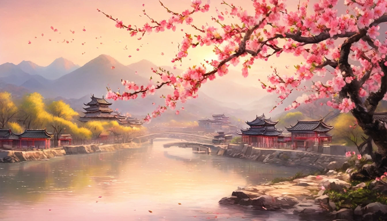 Peach blossom trees rising beside the river, Chinese style, Peach blossoms scattered in the middle of the screen, distant view ((background:1.8))

