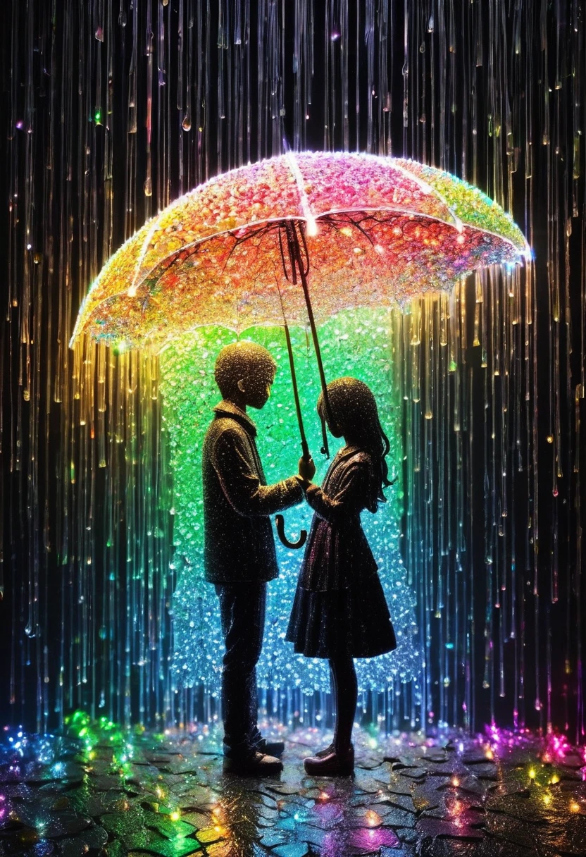 Crystal lighting effect Lights made of small colored stones combined with human shaped beam layer wire saw ,In the rainbow-colored rain、A man accidentally offered an umbrella to a sad-looking girl、A tender and gentle scene，It is skillfully shaped with thin rays of light...The background is a shiny black wall