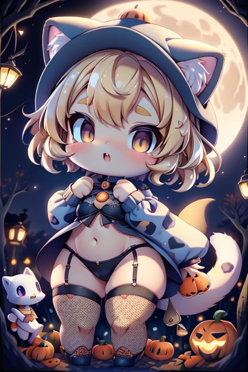 High quality、plastican00d、Bright atmosphere、Realistic Light、Spotlight from above、pretty girl、、Leopard printのレオタード、Fishnet tights、Blonde Hair、garter belt、Two-headed appearance、Doll、Chibi、plastic、Very Short Hair、Night Sky、Large crescent moon in the background、Woman leopard pose、in the forest、full body, chibi,Cat mouth、A glimpse of a double tooth、Leopard print、Halloween、Tongari hat