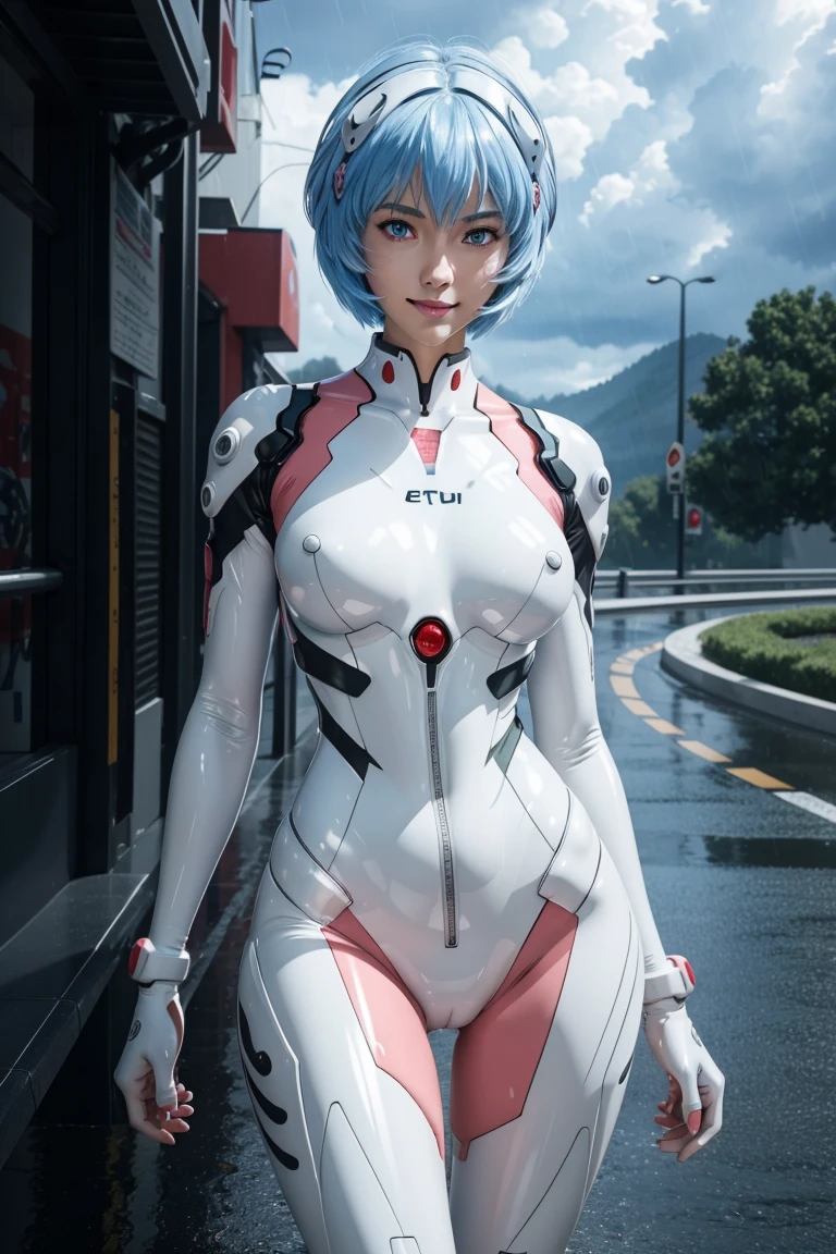 Evangelion,Rei Ayanami,Silver Blue Hair,Red eyes,Red Eyes,Plug Suit,Bodysuits,Interface Headset,白いBodysuits,Ultra HD,super high quality,masterpiece,Digital SLR,Photorealistic,Detailed details,Vivid details,Depicted in detail,A detailed face,Detailed details,Super Detail,Realistic skin texture,Anatomical basis,Perfect Anatomy,Anatomically correct hand,Anatomically correct fingers,Complex 3D rendering,Sexy pose,Rainy Sky,Beautiful scenery,Fantastic rainy sky,Picturesque,Pink Lips,smile,