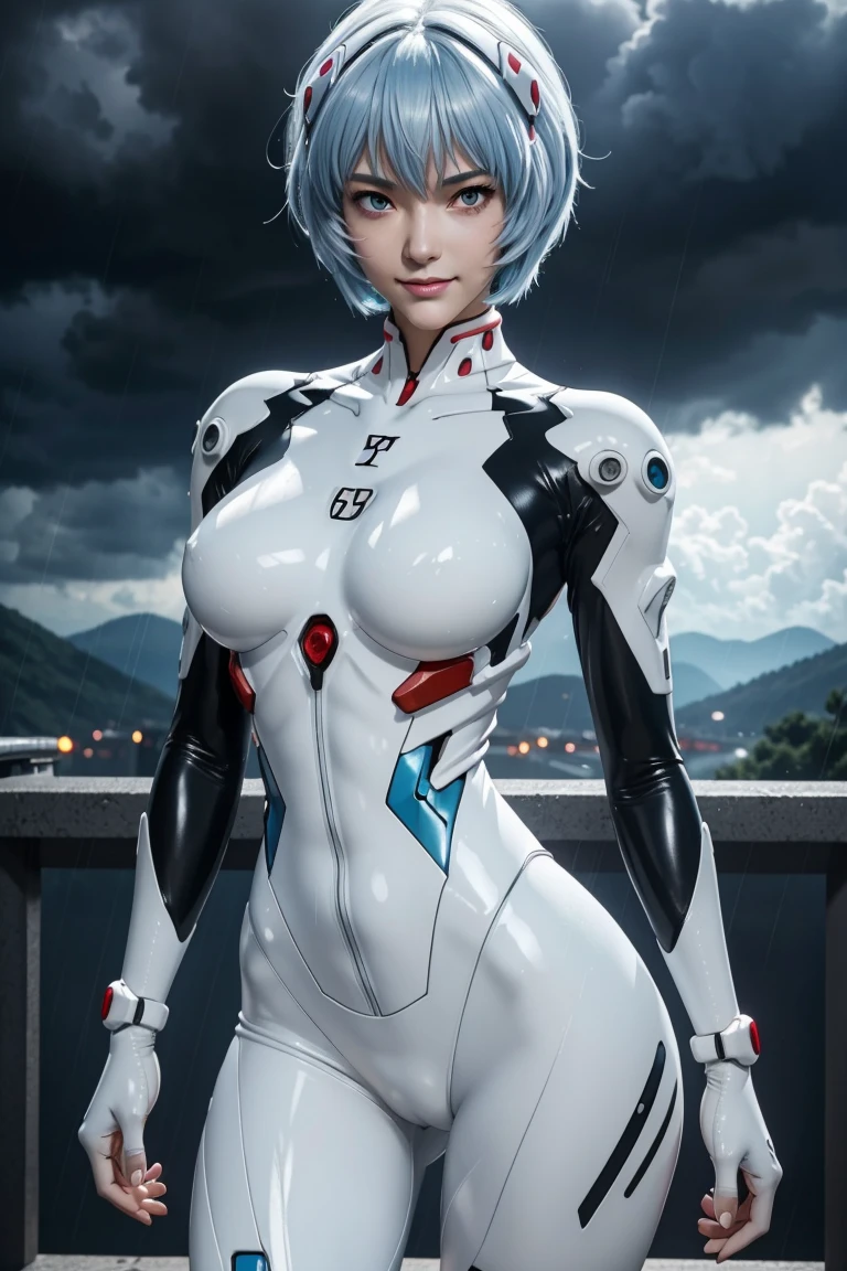 Evangelion,Rei Ayanami,Silver Blue Hair,Red eyes,Red Eyes,Plug Suit,Bodysuits,Interface Headset,白いBodysuits,Ultra HD,super high quality,masterpiece,Digital SLR,Photorealistic,Detailed details,Vivid details,Depicted in detail,A detailed face,Detailed details,Super Detail,Realistic skin texture,Anatomical basis,Perfect Anatomy,Anatomically correct hand,Anatomically correct fingers,Complex 3D rendering,Sexy pose,Rainy Sky,Beautiful scenery,Fantastic rainy sky,Picturesque,Pink Lips,smile,