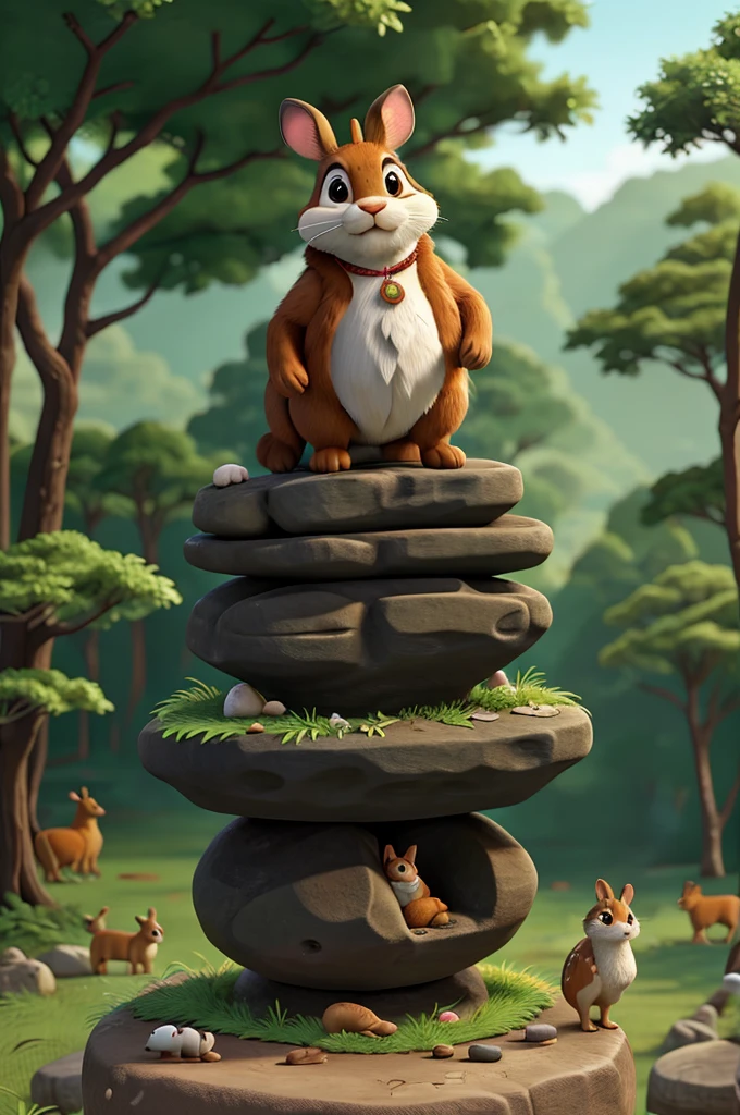 Baghu standing on a small rock in the forest, surrounded by animals like rabbits, deer, and birds, announcing his wish to be the king. The animals have curious and amused expressions.