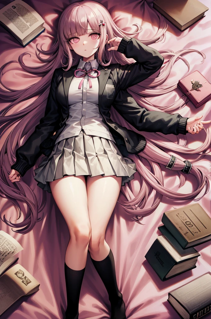 black jacket, open clothes, long sleeves, white skirt, pleated skirt, books lying around, bedroom, cream hair, tall, high stockings, hair ornament, pink ribbon, looking at viewer, medium hair, lying on back, arms up, on bed