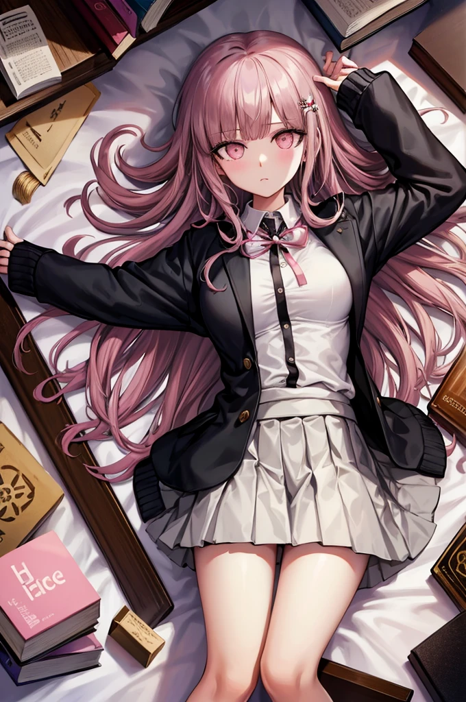 black jacket, open clothes, long sleeves, white skirt, pleated skirt, books lying around, bedroom, cream hair, tall, high stockings, hair ornament, pink ribbon, looking at viewer, medium hair, lying on back, arms up, on bed