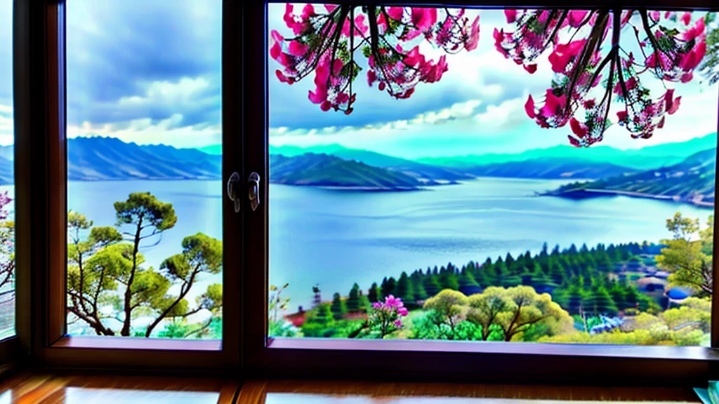 Scenery outside the window,Distant mountains and near waters,Sea view。There are trees,There are flowers