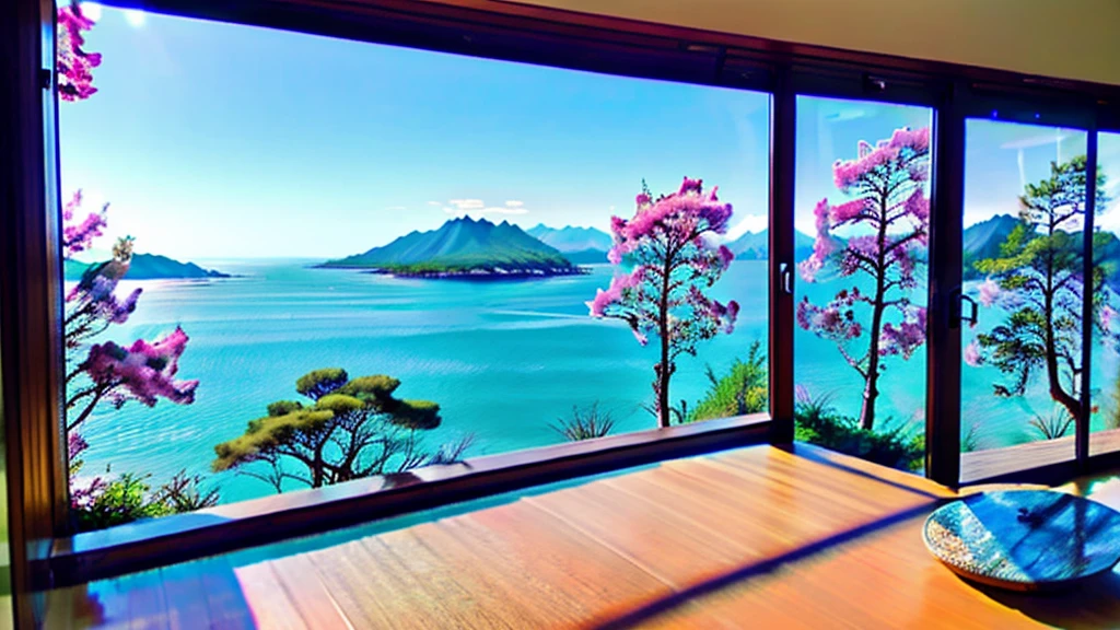 Scenery outside the window,Distant mountains and near waters,Sea view。There are trees,There are flowers
