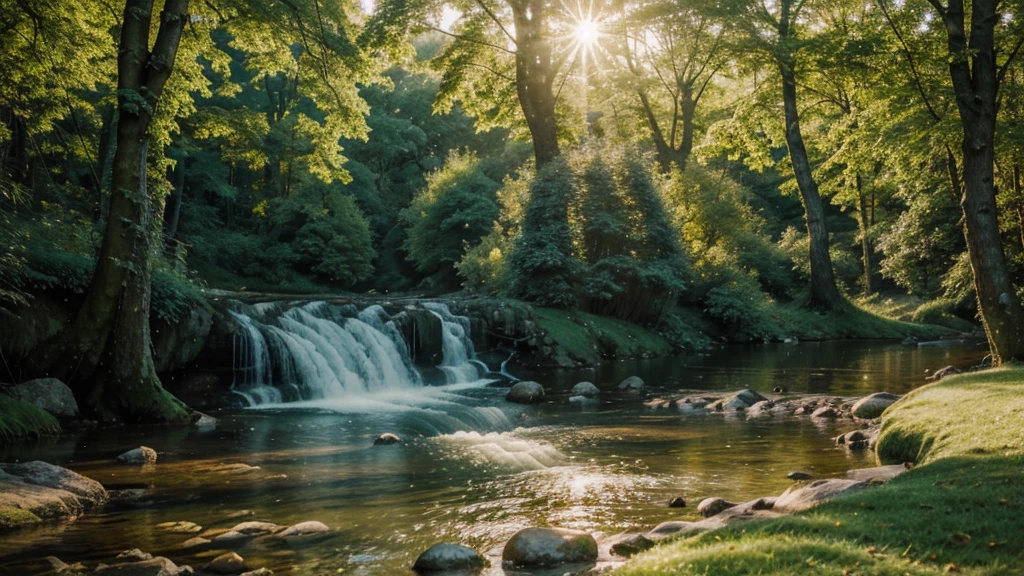 Natural beauty appears in our eyes with rolling mountains, vast forests and winding rivers like soft silk strips. Lush green plants and trees stretch everywhere, creating a lush, vibrant picture. Under the sparkling golden sunlight, each leaf and each blade of grass seems to be wearing a layer of sparkling sequins. The clear river flows gently, reflecting the sunlight, creating shimmering, magical spots of light. The sound of birds singing resounds from the trees, blending with the gurgling sound of water, creating a wonderful natural harmony. Everything seems to blend together, creating a peaceful and energetic scene, making people feel relaxed and at peace. Realistic images, vivid, warm, vibrant colors, harmonious color schemes, soft diffused light. The details are clear and meticulous.