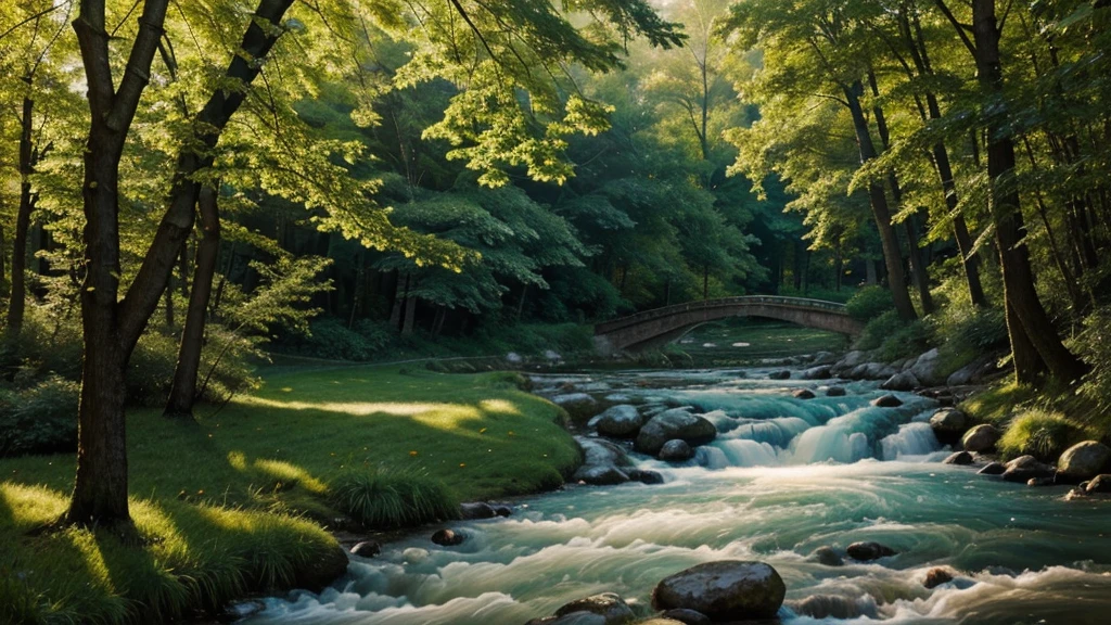 Natural beauty appears in our eyes with rolling mountains, vast forests and winding rivers like soft silk strips. Lush green plants and trees stretch everywhere, creating a lush, vibrant picture. Under the sparkling golden sunlight, each leaf and each blade of grass seems to be wearing a layer of sparkling sequins. The clear river flows gently, reflecting the sunlight, creating shimmering, magical spots of light. The sound of birds singing resounds from the trees, blending with the gurgling sound of water, creating a wonderful natural harmony. Everything seems to blend together, creating a peaceful and energetic scene, making people feel relaxed and at peace. Realistic images, vivid, warm, vibrant colors, harmonious color schemes, soft diffused light. The details are clear and meticulous.