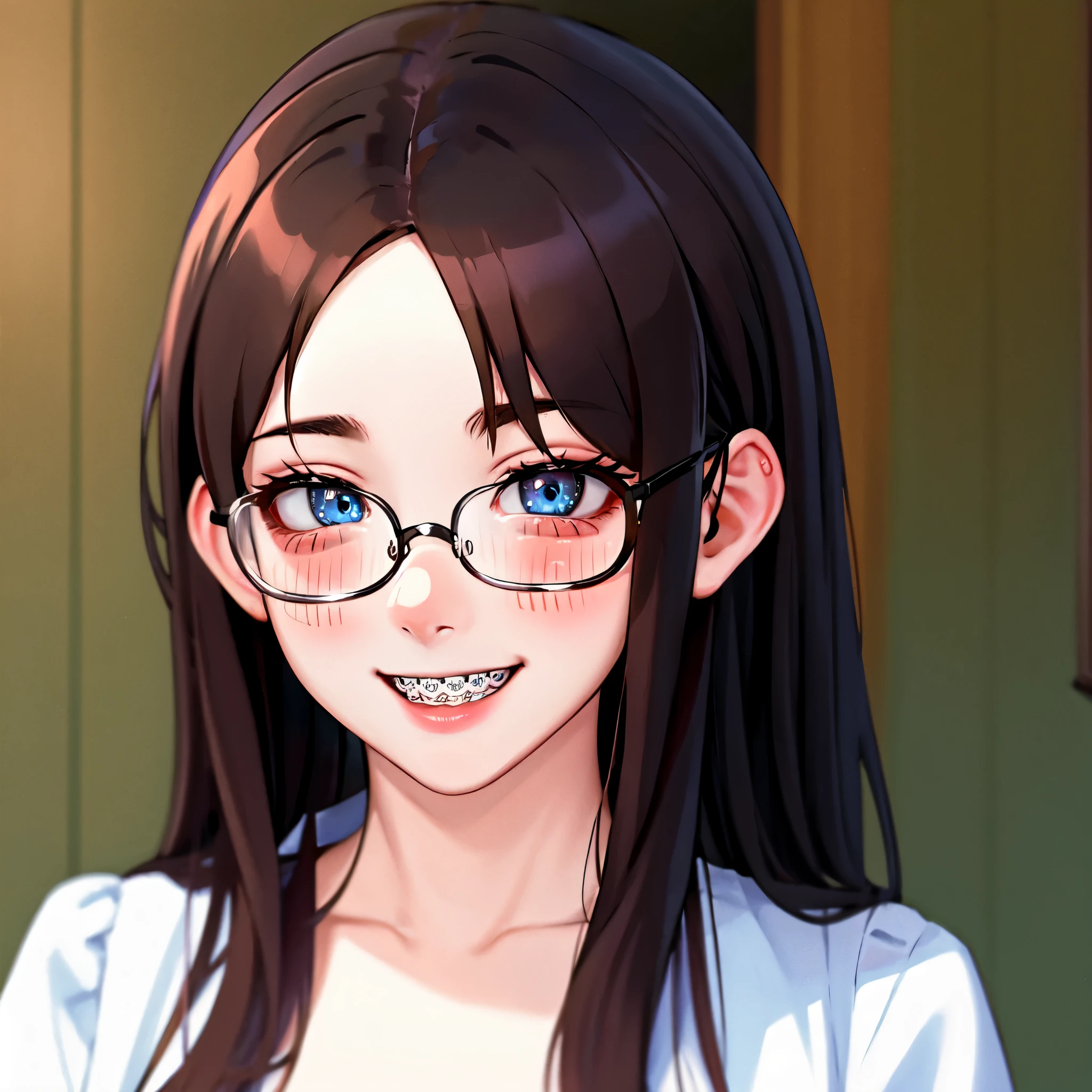 1girl, seductive eyes, braces, glasses, smiling, cute, face focus, blue eyes, blush, brown hair, best quality, masterpiece, highres