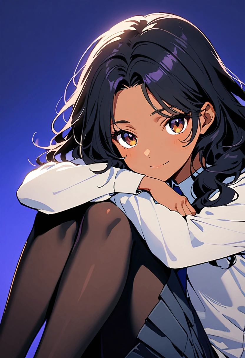 a woman, 19-years-old, solo, mature face, average height, tan skin, (long black wavy hair that's parted in the middle:1.2), no bangs, brown eyes, warm smile, black waistcoat, white formal shirt, gray pleated skirt, blue necktie, black tights, (sitting with knees up, hugging knees, head resting on knees, bright indigo background:1.1)