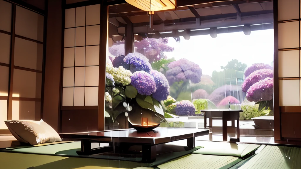 8k quality,masterpiece,(Cool Japanese-style room:1.4), (drizzling rain:1.3), (hydrangea seen through the open shoji:1.2), Japanese garden, wind chimes under the eaves, and a faint glimpse of the setting sun,