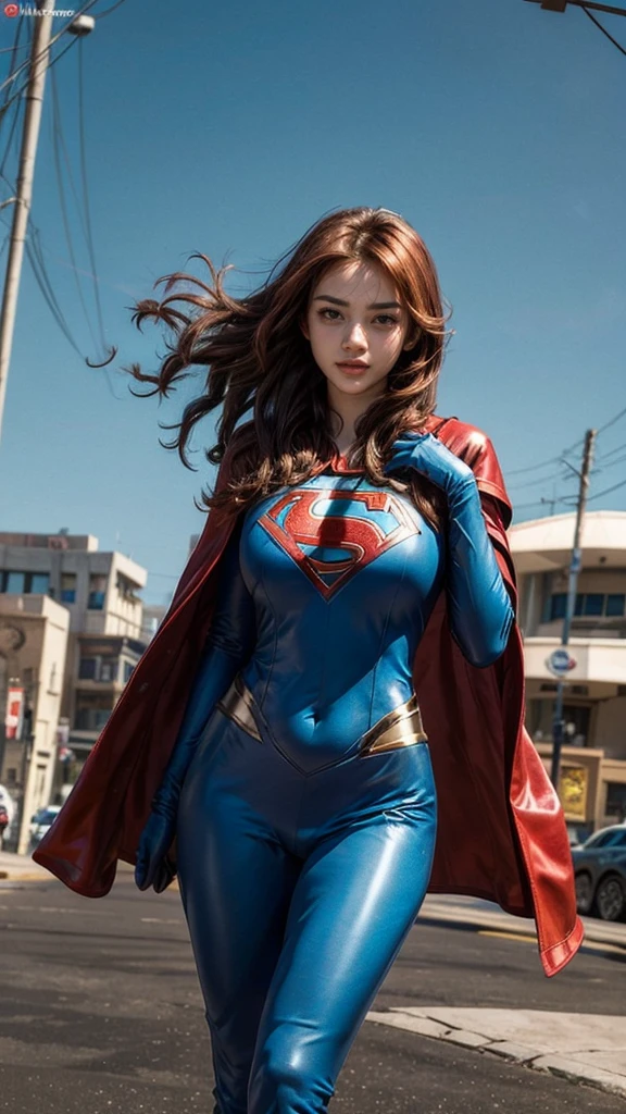 (masterpiece), (best quality), (ultra detailed), (epic lights reflections q), glowing, luminous, 1girl, red eyes, red hair, full makeups, red lips, fit body hair blown by strong winds, she is a Beautiful Supergirl, very tight body shape suit, blue red Supergirl bodysuit, red cape blown by winds, full body, symmetrical pose, model posing in the middle, metropolis city,