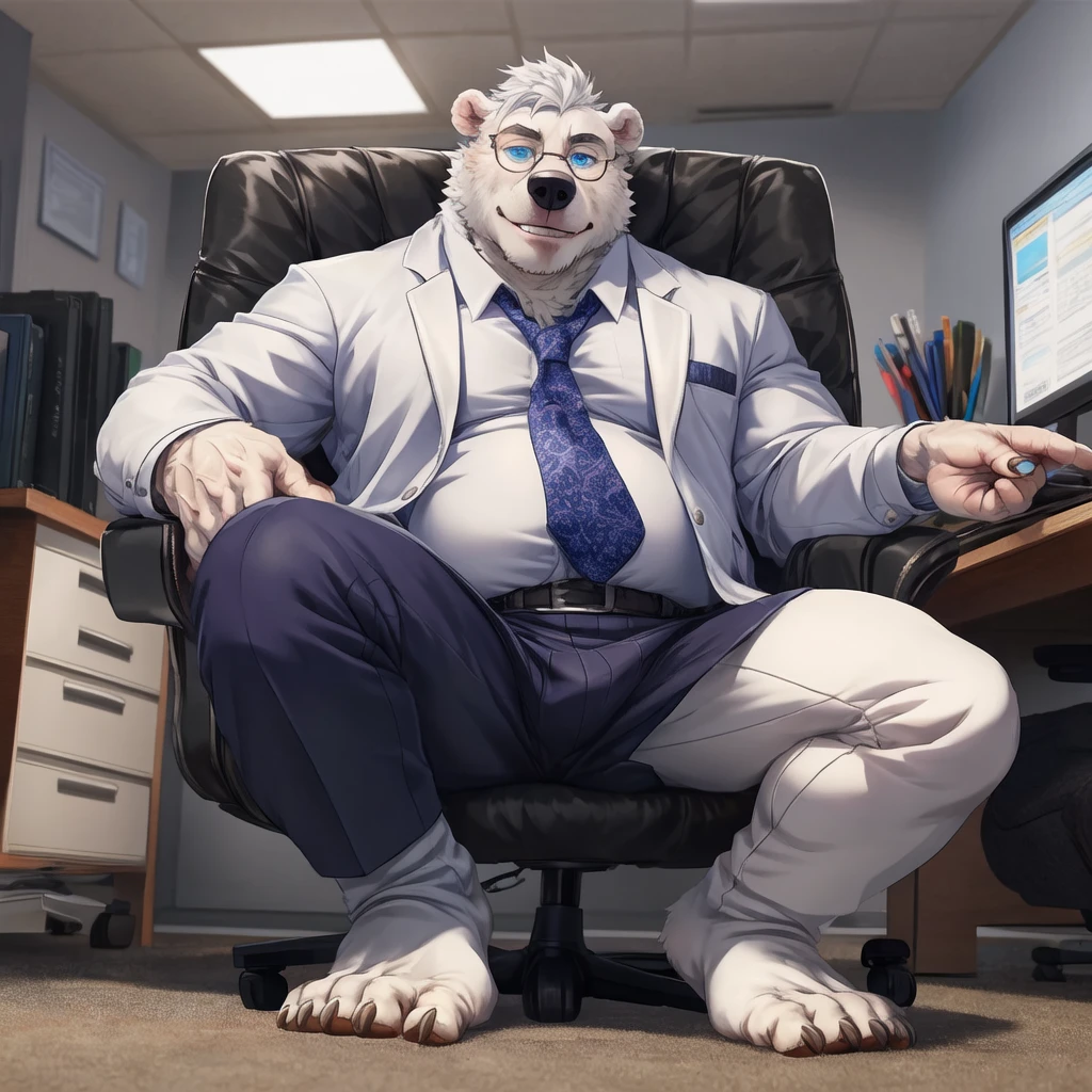 masterpiece, best quality, 8k resolution, Very detailed, hairy，(((polar bear))，(((Mature)))，(((beard))),(((Strong)))，(((White hair all over body)))，portrait，(((White hair)))，(((body blue stripes)))，(((Room)))，For the audience，(((Black tight rubber suit)))，Highest quality scene，Solitary，solitary，(((whole body)))，(((Sweating)))，(((Kneeling)))，(((in front of computer desk)))，(((Shirtless)))，((Fat-enclosed muscle))，(((Shameful)))，((Blushing))，(((Round face)))，(((alone)))，((collar))，(((Strong body)))，(((Hip bulge))),(((Tongue out)))，(((Computer screen chat box)))