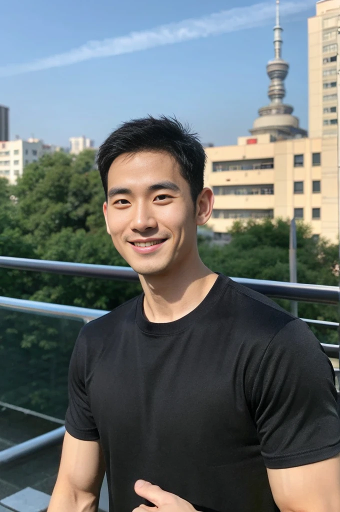 Korean man, Inspiration from Peng Yuyan, 30 years old, 236 years old, Cute Korean Face, 35 yo, 33 year old Korean muscular man,Gym in the background, black t-shirt , open mouth smile