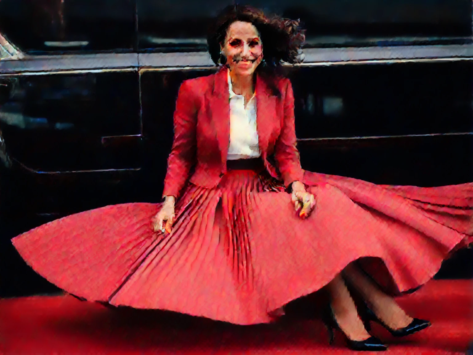 Insatiable Skirt lover and kind, shy woman Emily Maitlis has Intense Orgasming love for her skirt, sitting and wearing (long pleated full circle skirt), uniform jacket and strapless low pump office shoes, (pronounced (feminine) features), (very windy), skirt is flowing wildly in the wind, inside a spaceship travelling through deep space, very, very intricate hyper-detailed symmetric (attractive graceful young feminine face) with (sad, tired eyes and a loving smile), very voluptuous breasts, full of empathy and compassion and love, (pronounced (feminine) features), (highly detailed ultra accurate realistic) hands and fingers, (windy), epic composition, highly detailed attributes, (35mm f1.4 Kodak portra 400 photograph), extremely high quality RAW photograph, highly detailed atmosphere, sci-fi, cinematic shot, dynamic lighting, 75mm, Technicolor, Panavision, cinemascope, sharp focus, fine details, 8k, HDR, realism, realistic, key visual, film still, superb cinematic color grading, depth of field