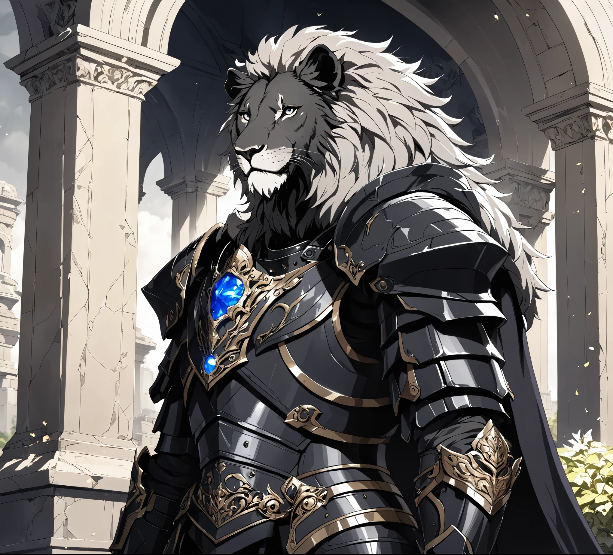 masterpiece, best quality, good quality, humanoid gray lion, Furry, a gray lush mane, scar on right eye, black armor, Combat armor, A lot of growth, black fur cape, Fantasy aesthetics, Highly detailed, shadowverse style
