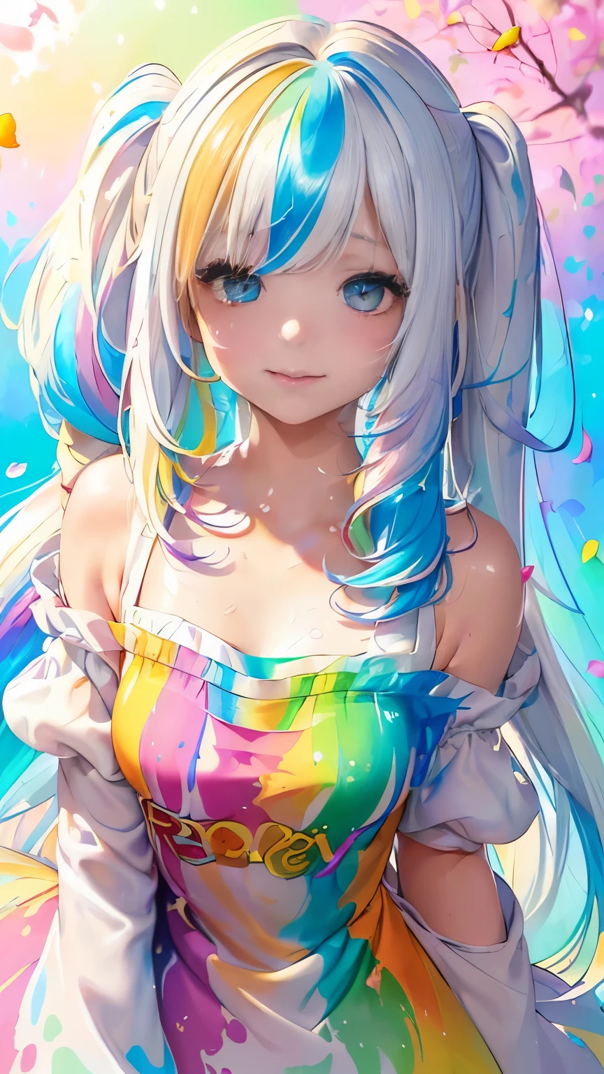（Pink Fashion T-shirt：1.9），(Colorful hair: 1.8), (all the colours of the rainbow: 1.8),(((((vertical painting：1.6))), （painting：1.6），front, comics, illustrations, paintings, large eyes, crystal clear eyes,（ rainbow color gradient high ponytail：1.7）, exquisite makeup, closed mouth,(Small Fresh: 1.5),(Wipe Chest: 1.6) ，long eyelashes, white off shoulder T-shirt,  White Shoulder Shirt，looking at the audience, large watery eyes, (rainbow colored hair：1.6), color splash, （solo：1.8）, color splash, color explosion, thick paint style, messy lines, ((shining))，(colorful), (colorful), (colorful), colorful, Thick Paint Style, (Splash) (Color Splash), Vertical Painting, Upper Body, Paint Splash, Acrylic Pigment, Gradient, Paint, Highest Image Quality, Highest Quality, Masterpiece, Solo, Depth of Field, Face Paint,  colorful clothes, (Elegant: 1.2), gorgeous,long hair, wind, (Elegant: 1.3), (Petals: 1.4)，(((masterpiece))),(((best quality))),((ultra-detailed)),(illustration),(dynamic angle),((floating)),(paint),((disheveled hair)),(solo),(1girl) , (((detailed anima face))),((beautiful detailed face)),collar,bare shoulders,white hair, ((colorful hair)),((streaked hair)),beautiful detailed eyes,(Gradient color eyes),(((colorful eyes))),(((colorful background))),(((high saturation))),(((surrounded by colorful splashes))),