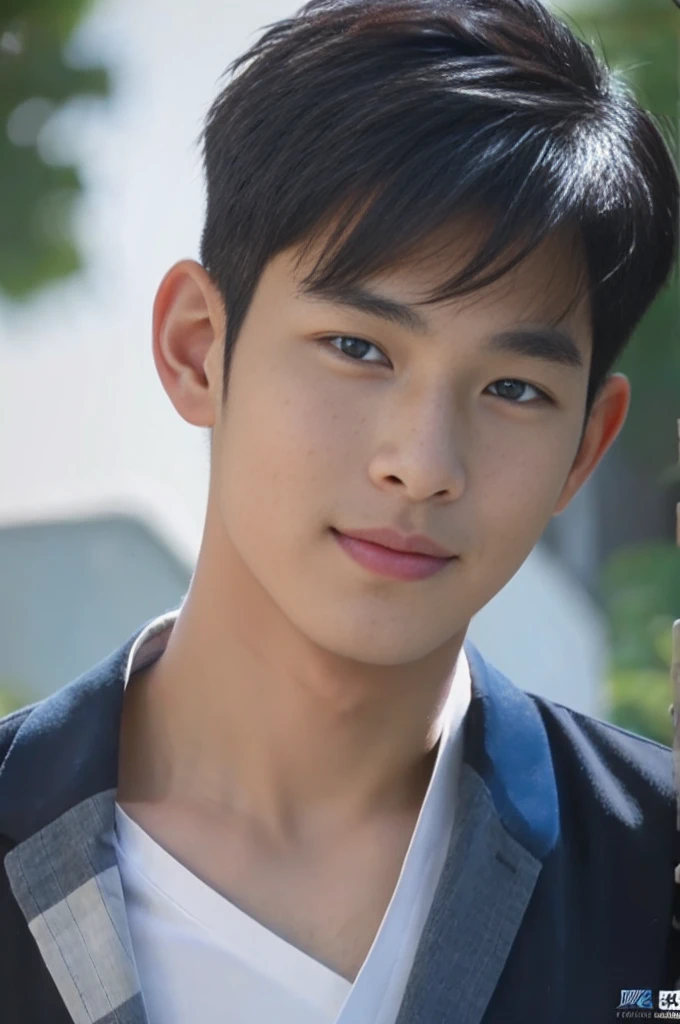 male handsome 20-year-old handsome shirt guy,looking to the camera,frontage,high qulity,tmasterpiece,8K.4K,1080P,Light-sensitive, ยิ้ม, ,มุมกว้าง