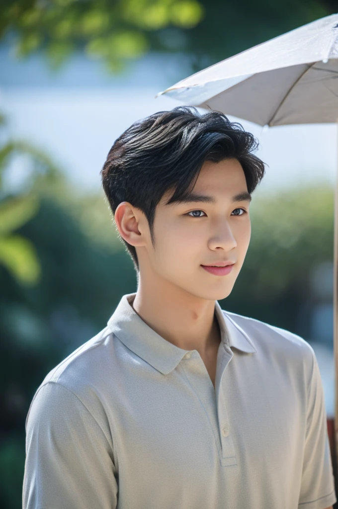 male handsome 20-year-old handsome shirt guy，looking to the camera，frontage，high qulity，tmasterpiece，8K.4K,1080P，Light-sensitive, ยิ้ม, ,มุมกว้าง