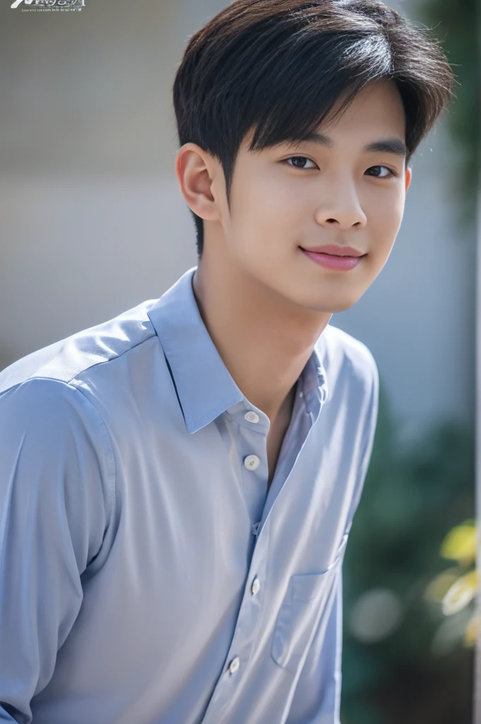male handsome 20-year-old handsome shirt guy，looking to the camera，frontage，high qulity，tmasterpiece，8K.4K,1080P，Light-sensitive, ยิ้ม, ,มุมกว้าง