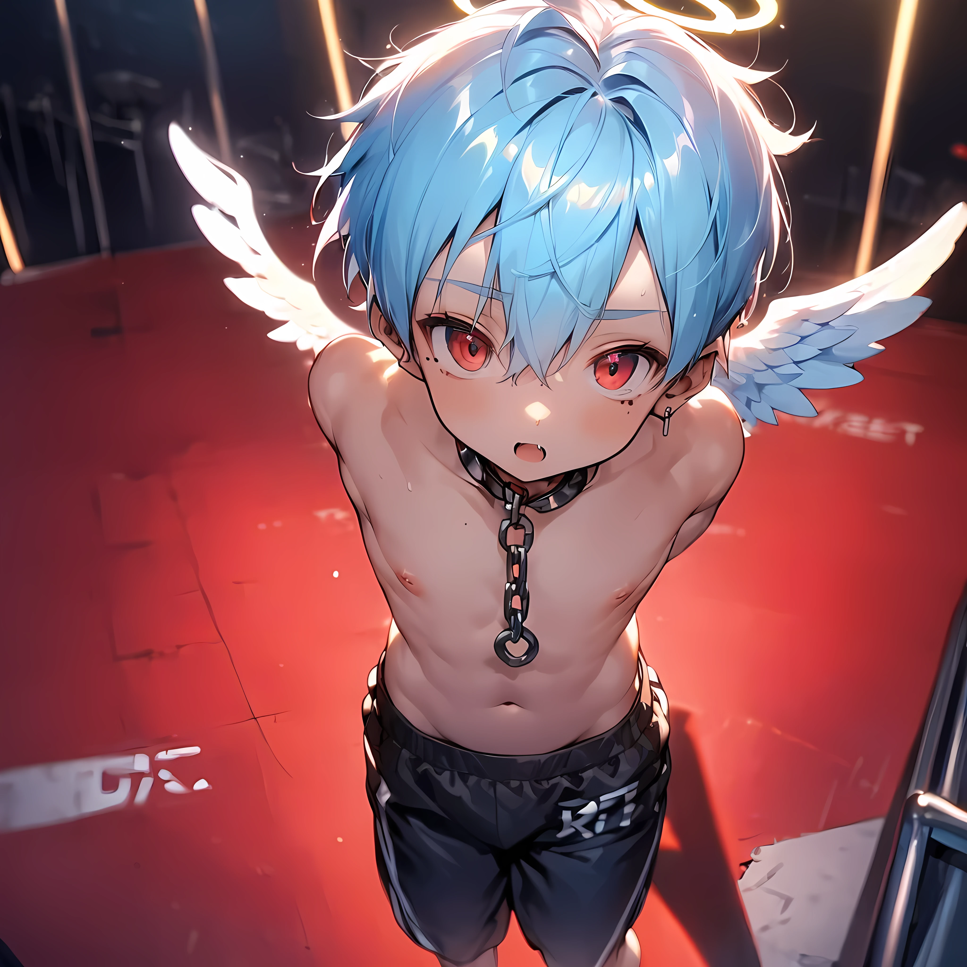 (solo:2), (boldline:-1.7), (boxing pose:1.5), (arched back:1.1), (twin angel wings on his back:1.6), (halo on his head:1.3), (standing on stage:1.5), BREAK (red boxing groves:1.4), (((fang))), (((best finger))), (((best arms))), (((best legs))), BREAK (best quality:1.5), (absolutely resolution:1.4), (ultra detailed:1.5), (masterpiece:1.5), (perfect face), (detailed face), (detailed eyes), (best eyes), (cute face), (shota:2), BREAK (topless:2), BREAK (red boxing pants:1.5), (skinny:1.3), BREAK (light blue hair:1.5), (spiked hair), (wine red eyes:1.4), (eyes with highlight:1.6), ((mole under eye)), (sweaty skin), (singing:1.4), ((earrings)), (angy:1.5), (shiny skin:1.3), BREAK (stadium:1.5), (many people:1.5), (spot light), ((wind blowing)), ((nipple)), (abs), (groin), (chain around neck:1.5), (shackles:1.6), (from above),