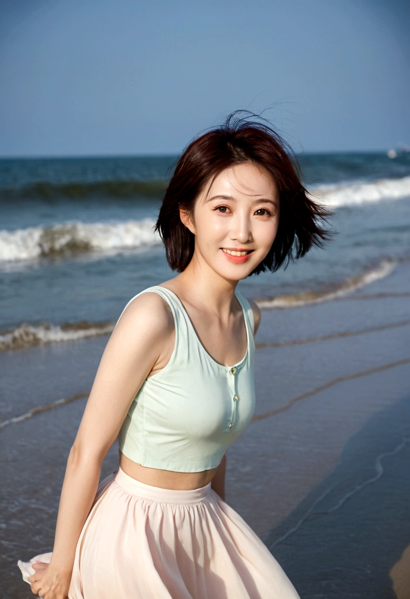 sunset on the beach,바다에 잔광이 비치네sunset on the beach 붉은 태양,A strong afterglow is reflected in the sea., Beautiful 46 year old short Korean woman, Chest size 34 inches, Wear sleeveless, light skirt. beautiful pretty woman look , wearing a light skirt , Go far into the sea water and dip your toes., Short medium hair blowing in the wind, 1 short woman, beautiful eyes, a little smile, Full body photo from a distance with a wide angle lens, The background is clear and perfect, waves driven by the wind, best high definition
