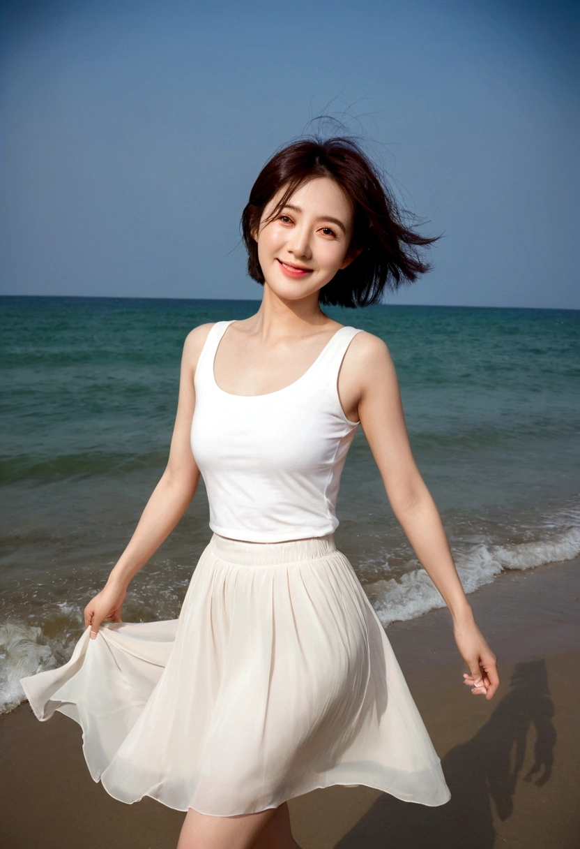 sunset on the beach,바다에 잔광이 비치네sunset on the beach 붉은 태양,A strong afterglow is reflected in the sea., Beautiful 46 year old short Korean woman, Chest size 34 inches, Wear sleeveless, light skirt. beautiful pretty woman look , wearing a light skirt , Go far into the sea water and dip your toes., Short medium hair blowing in the wind, 1 short woman, beautiful eyes, a little smile, Full body photo from a distance with a wide angle lens, The background is clear and perfect, waves driven by the wind, best high definition