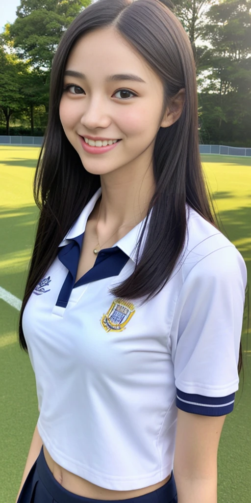 neat college girl,  person, (school uniform, summer clothes, short sleeves), outside the athletic field, (slim), photorealistic, detail, skin texture, ultra detail, delicate and sexy collarbone, smile, super detailed face, detailed lips, detailed eyes, double eyelids, breast emphasis, navel, constriction