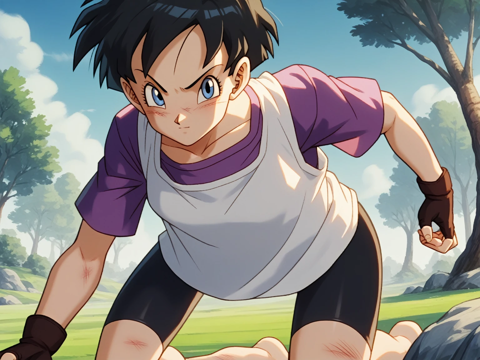 Videl, 1girl, blue eyes, shadows, blue eyes, short hair, spiked hair, white shirt, purple shirt, masterpiece, best quality, absurdres, perfect lighting, score_9, score_8_up, score_7_up source_anime, fighting pose, fingerless gloves, bike shorts, open field, trees, rocks, looking at viewer, scratches, doggystyle, Showing her ass, Backwards