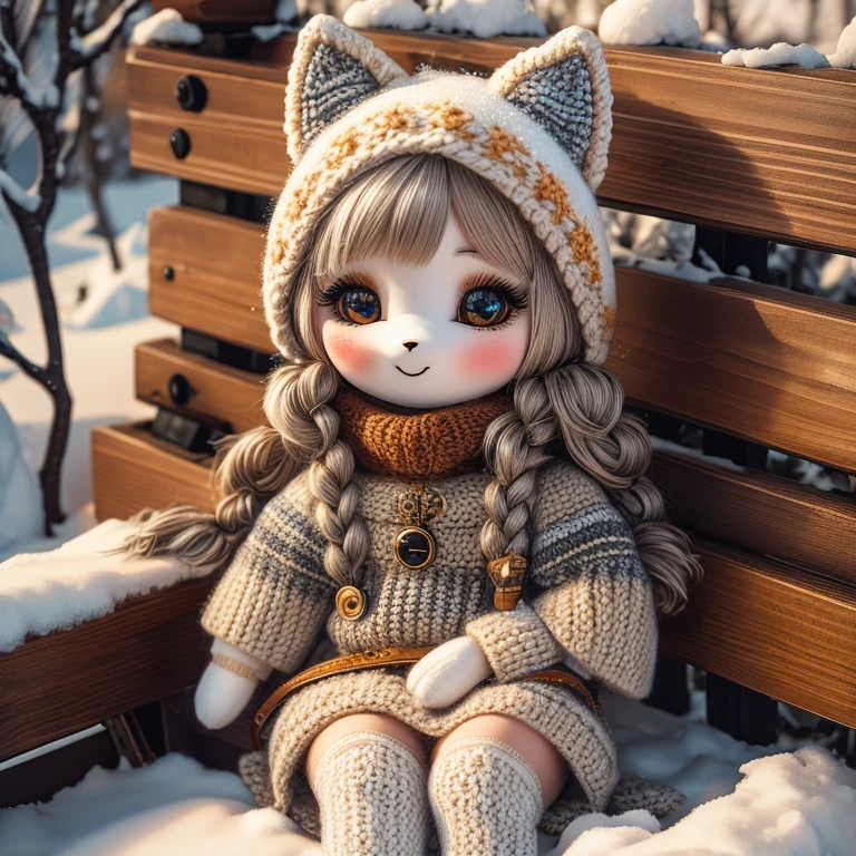 (La best quality,high resolution,super detailed,actual),Cute knitted arctic fox，in the snow，smiley face，（（A masterpiece full of fantasy elements）））， （（best quality））， （（intricate details））（8k）