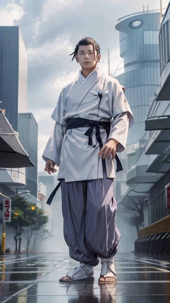 21 year old young man, short hair, and handsome, Gaga, named "Itadori Yuji" wearing Komono clothes, colored, white, effects, realistic visuals./" JUJUTSU KAISEN". is walking in the middle of the city in the rain, which is falling down .