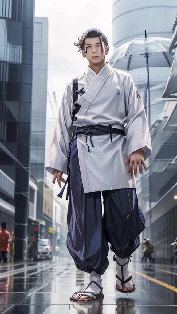 21 year old young man, short hair, and handsome, Gaga, named "Itadori Yuji" wearing Komono clothes, colored, white, effects, realistic visuals./" JUJUTSU KAISEN". is walking in the middle of the city in the rain, which is falling down .
