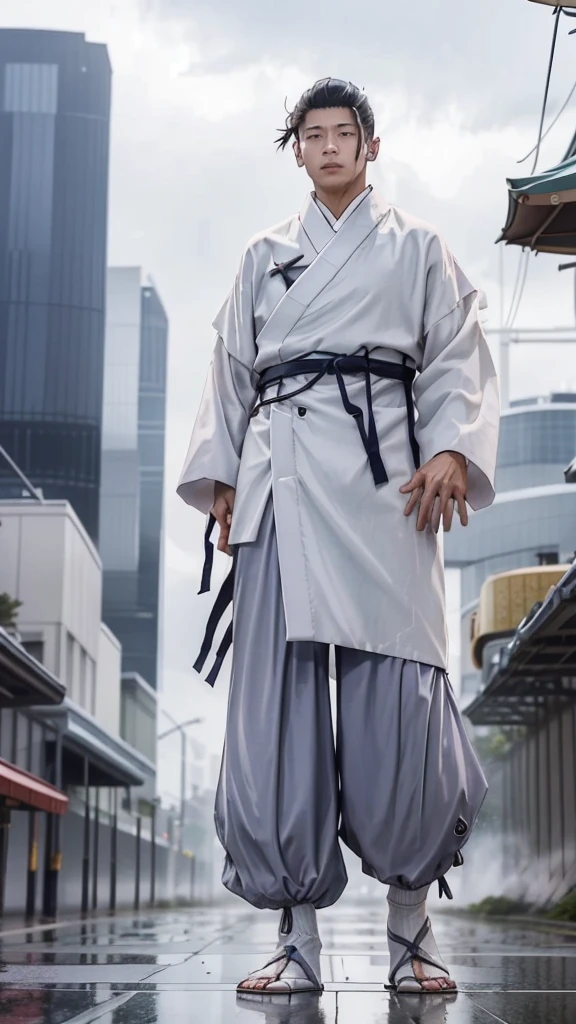 21 year old young man, short hair, and handsome, Gaga, named "Itadori Yuji" wearing Komono clothes, colored, white, effects, realistic visuals./" JUJUTSU KAISEN". is walking in the middle of the city in the rain, which is falling down .
