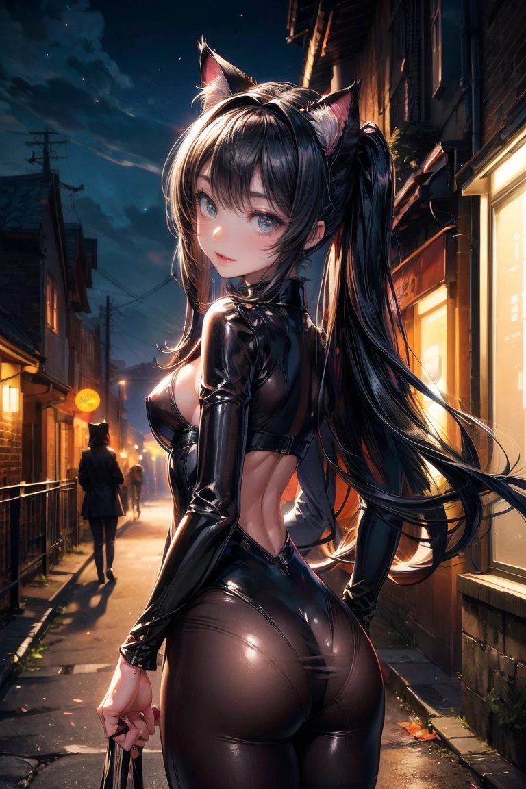 NSFW、One Girl、(20-year-old woman)、Cat ears headband、Cat tail、Black enamel high leg suit、Ultra-thin suit、Skin is transparent、Cat Pose、Black cat、Back alley at night、Green Eyes、Beautiful eyes、Laugh with fangs out、Faces aiming for prey、Looking from above