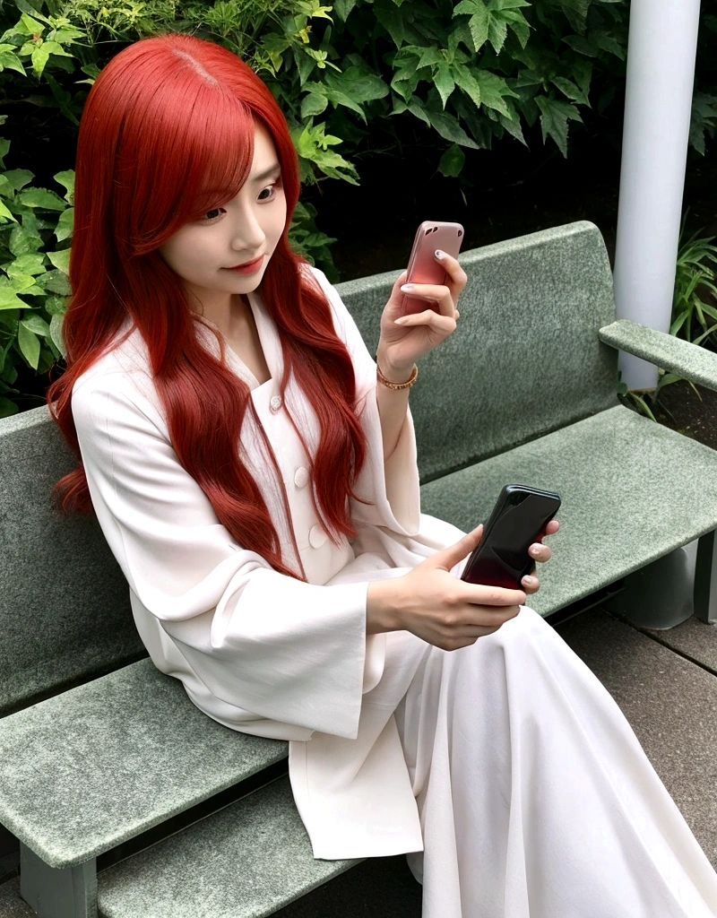 Woman with long red hair sitting on a bench and holding a mobile phone, Chiho, 🚿🗝📝, Yoshitomo Nara, with cute - fine - face, sakimichan, cute:2, Hime cut, With index finger, aoshima Chiho, TWICE's Tzuyu