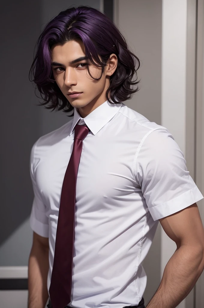 26 year old male, approximately 1,85cm in height, fit body, dark tanned skin, short wavy dark purple hair, black eyes, wears a white casual shirt with a red tie, along with a dark coat collared with grey fur on his shoulders.