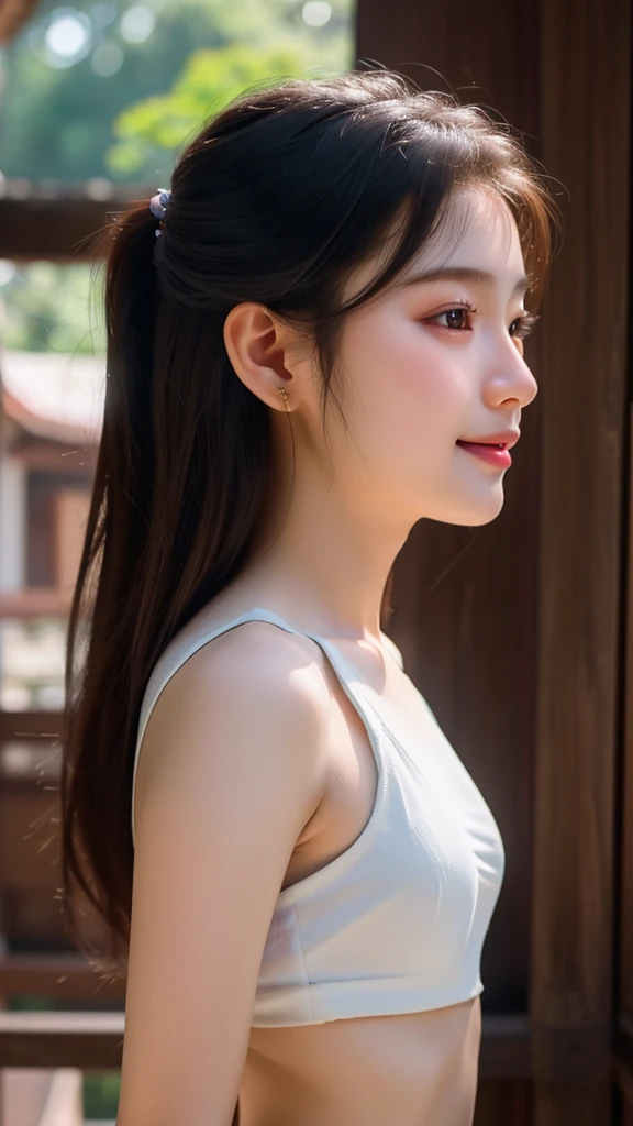 18 years old, woman, 1 girl, alone, (Masterpiece), (photorealistic),very detailed,(Fine skin details),(the best),(very good),(the best quality),(Ultra high resolution),(8K, raw image),(soft focus), opposite, (realistic), Physical rendering, 8K, smile, ผมสลวยvery detailed, realistic hair, realistic shadows, photorealistic lighting, close to face,((Portrait:1.3)),18 years old, ((Ancient Thai House)), ((14 mm.)), ((From the side view)), (navel) (Thai slave suit),