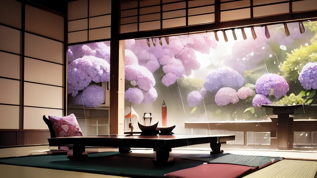 8k quality,masterpiece,(Cool Japanese-style room:1.4), (drizzling rain:1.3), (hydrangea seen through the open shoji:1.2), Japanese garden, wind chimes under the eaves, and a faint glimpse of the setting sun,