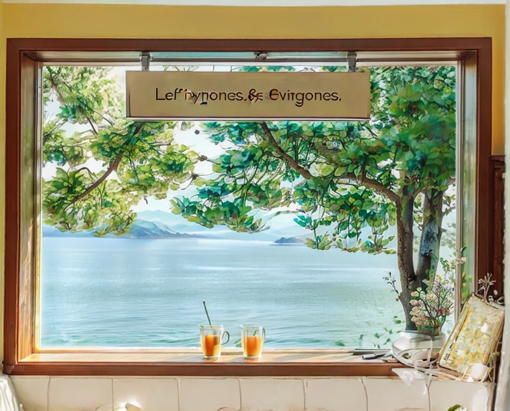 Scenery outside the window,Distant mountains and near waters,Sea view。There are trees,There are flowers,Open the window