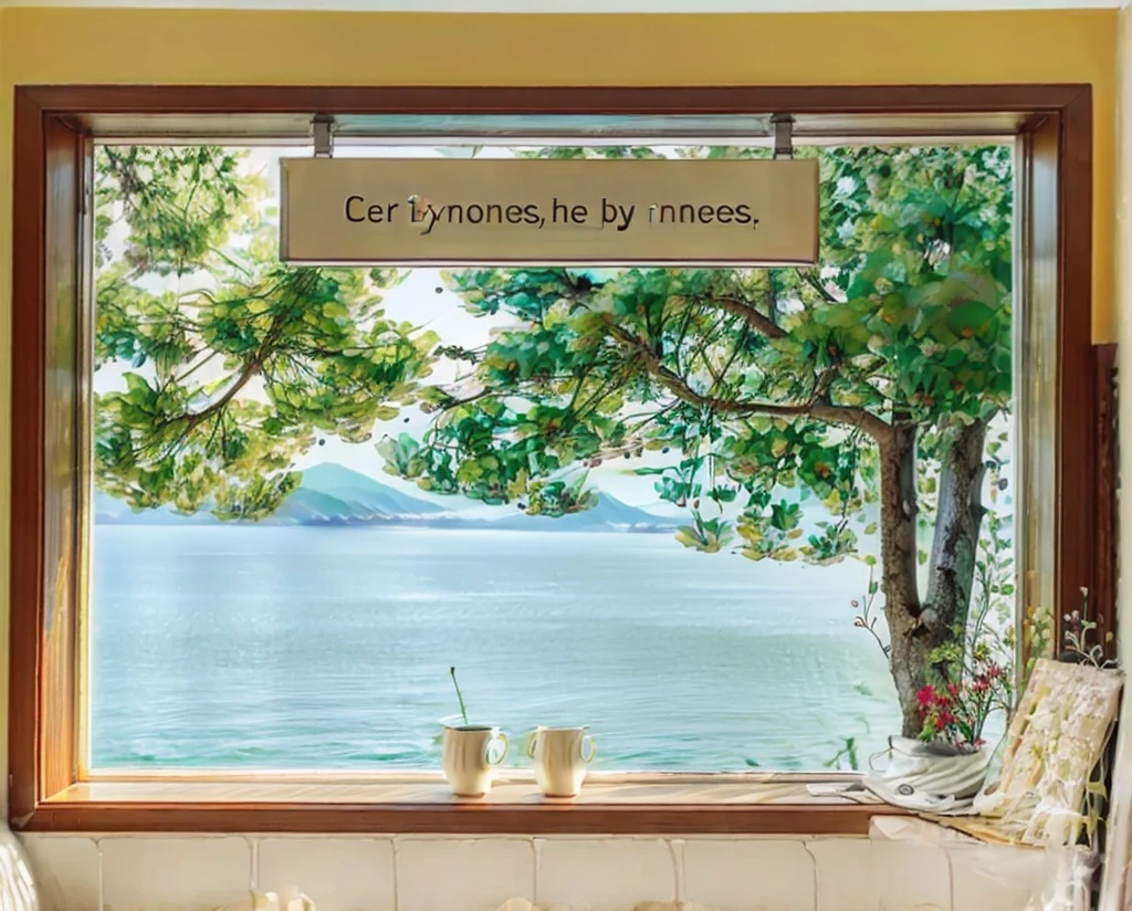 Scenery outside the window,Distant mountains and near waters,Sea view。There are trees,There are flowers,Open the window