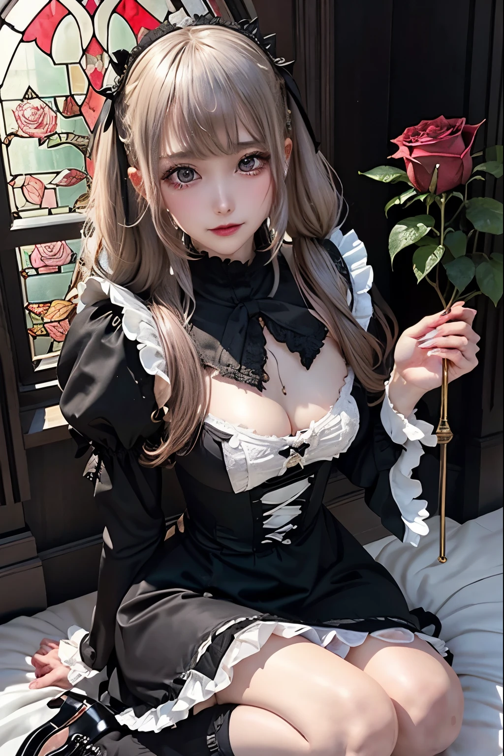 Hard Dark Gothic Makeup、Black dark eyeshadow、sad、Good skin radiance、Dark Gothicメイク、Dark smile、palace、The beauty of fragrance、24-years-old、Expression of intense sexual pleasure、Embarrassed look、Dark Gothic、Highest quality、Expression of sexual pleasure amid suffering、Drunk face、紫のMaid clotheysterious、Noble、sexy、Loving smile、Twin tail hair、Right blue eye, Left eye is red、Super tempting pose、Platform Heel Shoes、Heavy makeup、Gothic ta clothes、Silver Hair、Long Hair Straight Hair、Cute Gothic Loliress、Beautiful Face、elegant features、Attractive face、Stained glass is the background、Chest glistening with sweat、The room is dark、goth long dress、Bell Sleeves、Wizard Sleeve、Decadent look、Sexually excited expression、Glossy thighs wet with water、Thighs that are wet and shiny with oil、Background of a room full of roses、sad expression、Rose Maiden、The embroidery is pink、The dress has pink embroidery.、Thigh-high socks、Knee-high socks、Gentle expression、Dark black eyeshadow、Stained glass and rose background、thighs are a little thin、Female Duo、Female couple、dark church background、Stained glass、Black metal world、Dark Castle、Dark Room、Slender body、gothic long dress、Victorian dress、Small breasts、Hold the wine in your right hand、Hold the lantern in your left hand、pantyhose、The bed is covered with roses、Her thighs are shining with sweat、My body is wet and shiny、Lots of glitter on the thighs、sweating、My thighs are sticky from sweating、Sweat glistening on my thighs, The whole body is sweaty and shiny、I sweated a lot.、My thighs are sweaty、My thighs are wet、My thighs are shining with sweat、A lot of sweat glistening all over the body、Slender body、Put your head on the pillow、Sleeping on a bed、Beautiful legs、Stretching legs、Lie down in bed、Lie on your back in bed、
