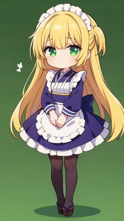 1girl,japanese,chibi,gold hair,long hair,put hands on body,full body,green background,Maid costume,looking to the left