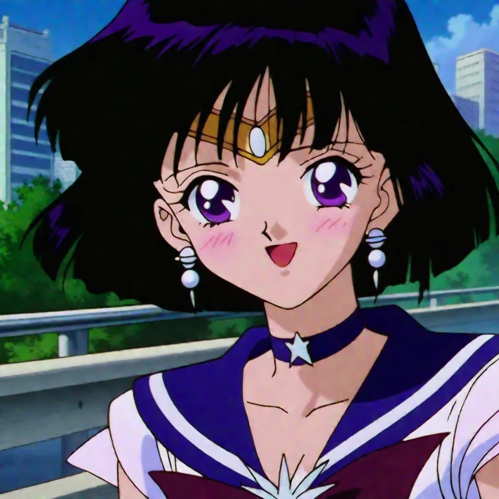 masterpiece, best quality, very aesthetic, absurdres, Sailor Saturn XL, 1990s \(style\), anime artwork, anime style, perfect face, perfect composition, moist skin, intricate details, beautiful detailed eyes, vivid colors, BREAK 1girl, solo, teen, short hair, black hair, purple eyes, flat chest, skinny, sailor senshi uniform, (purple sailor collar:1.1), tiara, earrings, jewelry, star choker, star brooch, maroon bowtie, shiny clothes, BREAK smile, blush, open mouth, (model pose:1.2), outdoors, city, wind, upper body,