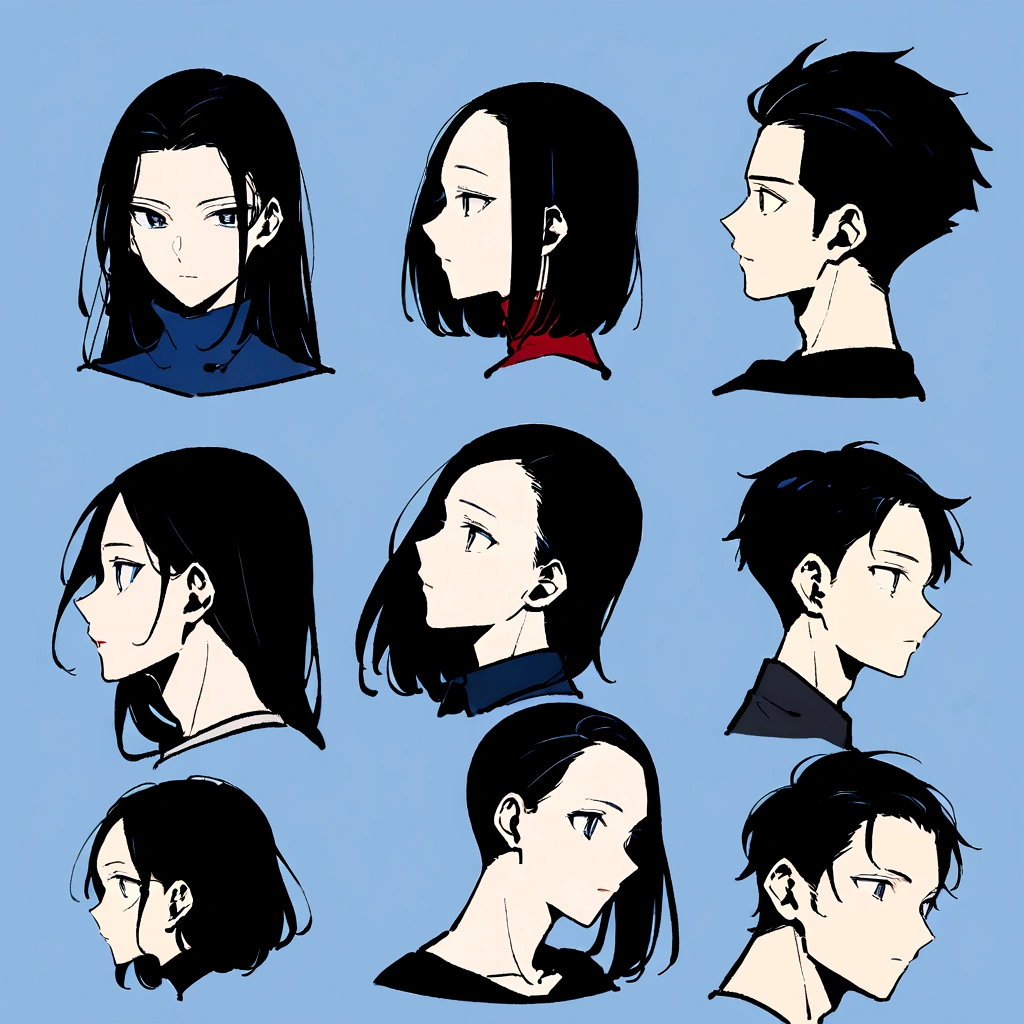 male、Beautifully straight, center parted、male、Medium black hair、profile、profileの待ち受け、黒髪のCenter part that exposes the forehead・profileのイラストアイコン,Black hair center part、Flat painting - Portrait：30代前半のmaleで、Hair should be parted in the center。 ·atmosphere：It has a stylish atmosphere.、Simple fill、With a bright feeling、Center part that exposes the forehead,Blue background、For SNS icons、T-Shirts、Solid blue background