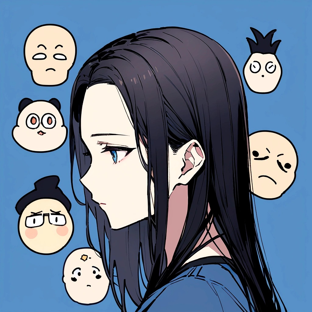 male、Beautifully straight, center parted、male、Medium black hair、profile、profileの待ち受け、黒髪のCenter part that exposes the forehead・profileのイラストアイコン,Black hair center part、Flat painting - Portrait：30代前半のmaleで、Hair should be parted in the center。 ·atmosphere：It has a stylish atmosphere.、Simple fill、With a bright feeling、Center part that exposes the forehead,Blue background、For SNS icons、T-Shirts、Solid blue background