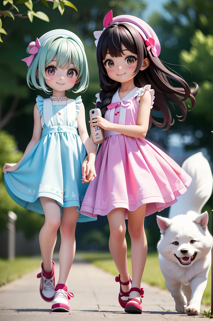 Two Girls、Very close sisters、Walk hand in hand、Having fun and being excited、They both walk with a bounce、Happy smile、A cute, cool sleeveless dress、Dogs walking side by side、(Quadrupedal Dog、Very large dog:1.4、Same height as her sister、Bushy white hairs、She is very kind and cares for her sisters.)、Nothing in my hands、Watching the audience、